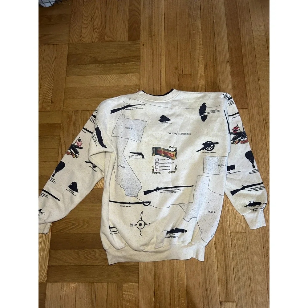 Vtg 90's Civil War Allover Print Cream Sweatshirt USA Double Collar Map Size L